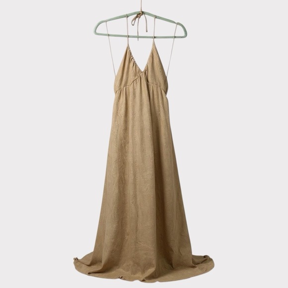 Tan Plunge Neck Spaghetti Strap Sundress - Picture 1 of 4